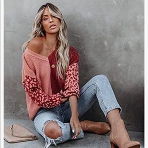 NEW Red Leopard Color Block Sweater
